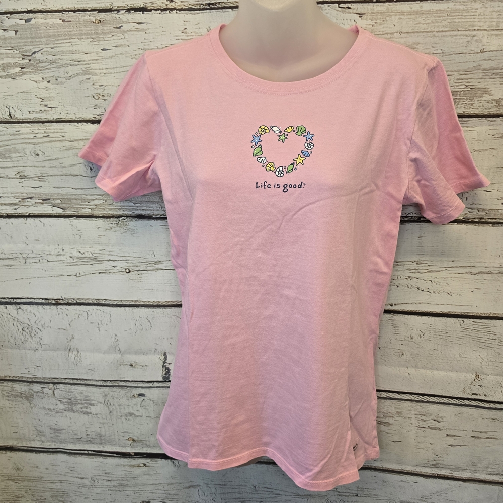 Life Is Good Pink Heart Sea Shell Heart Graphic Tee Size Small